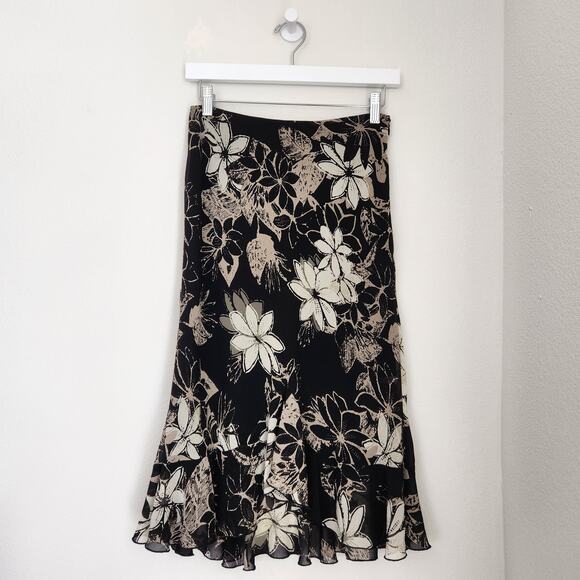 Vintage Y2K New York & Company Black Cream Floral Ruffle Bias Cut Midi Skirt 2 - Picture 1 of 8